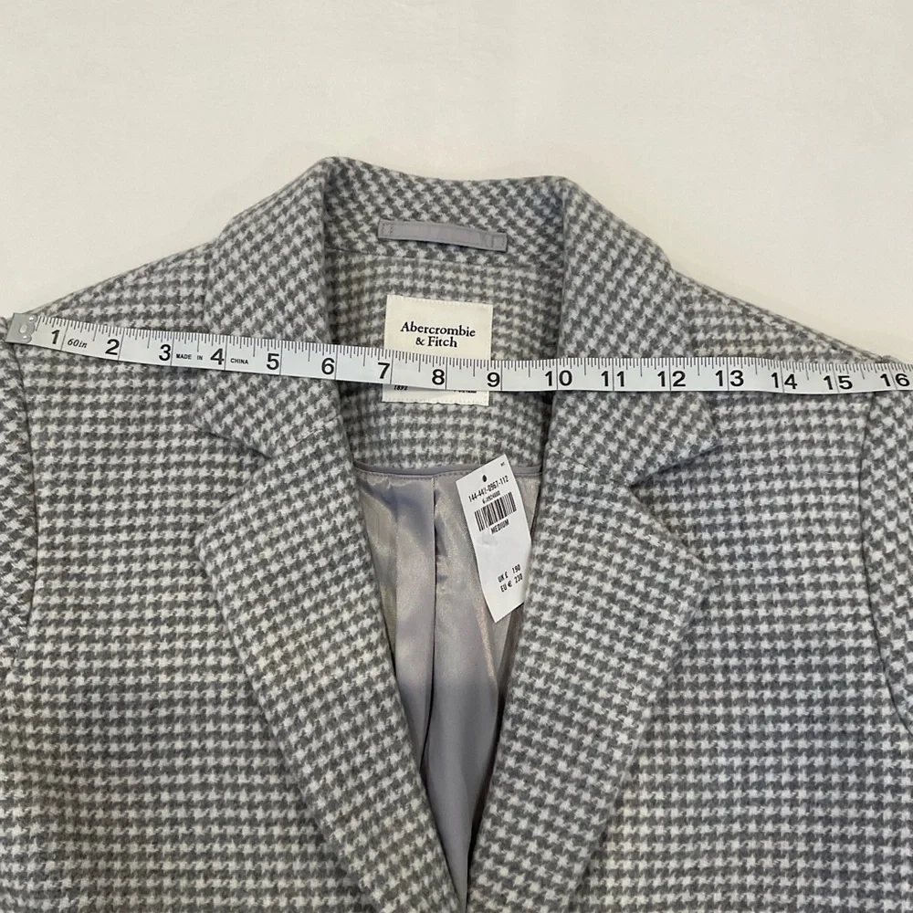 NWT Abercrombie & Fitch Wool Blend Houndstooth Tailored Top Coat in Grey Medium